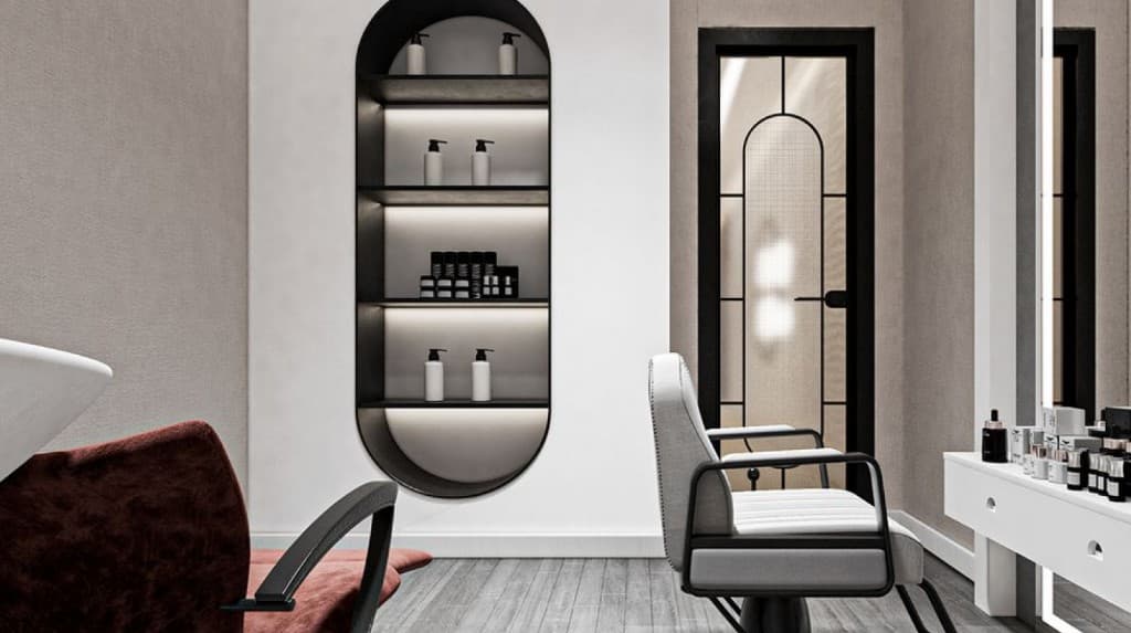 Premium salon interior with architectural shelving