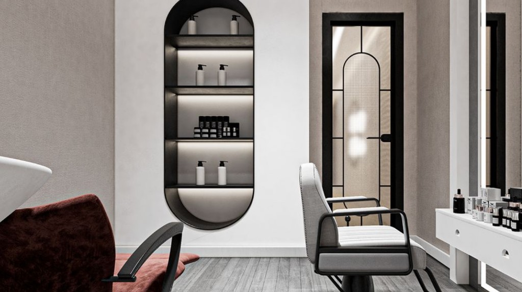Premium salon interior with architectural shelving
